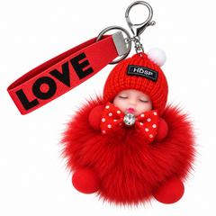 Red Fluffy Sleeping Doll Bag Charm