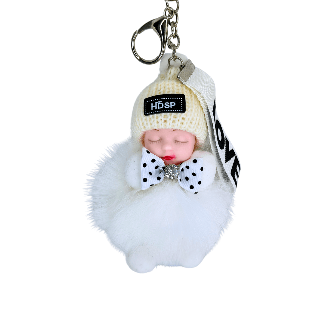 White Fluffy Sleeping Doll Bag Charm - Forget Me Knot